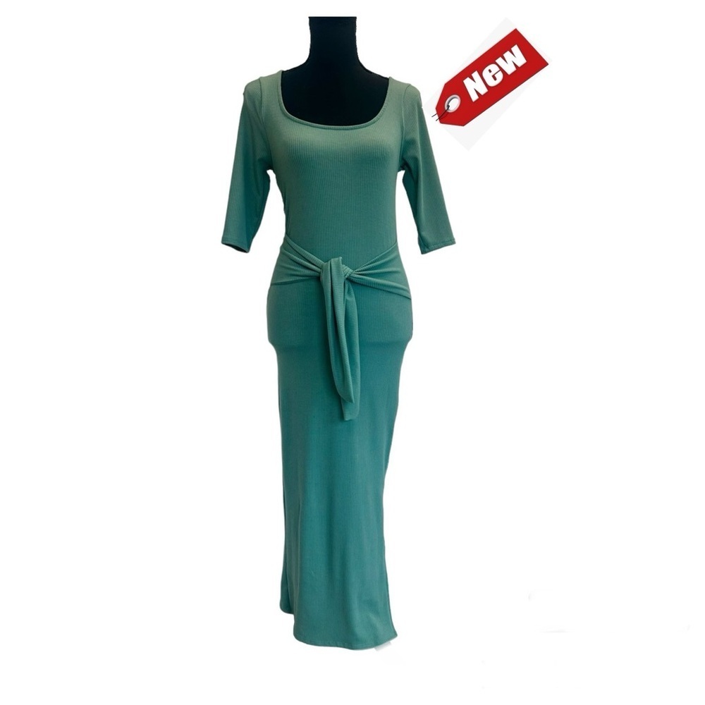 See You Monday dusty mint green ribbed front tie midi dress Sz M NWT